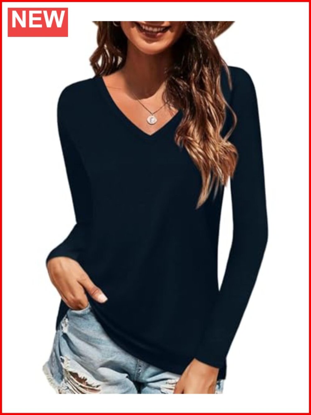 Women's Cotton V Neck Long Sleeve T Shirt Casual Basic Tee